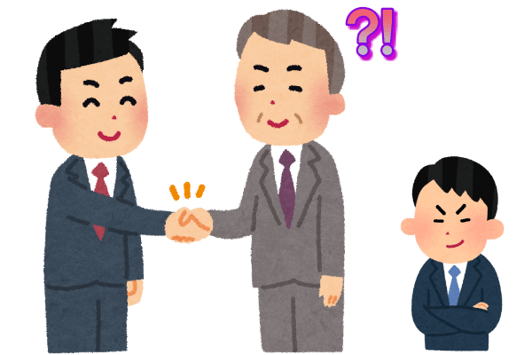 取引先の部長と笑顔で握手している男性、実は部長の本音ではなく取引を有利にすすめるための社交辞令です。